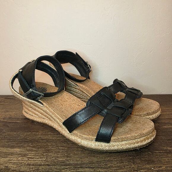 UGG Black Leather Wedge Sandals Espadrille Platform Ankle Strap Women’s 8 - Picture 1 of 7